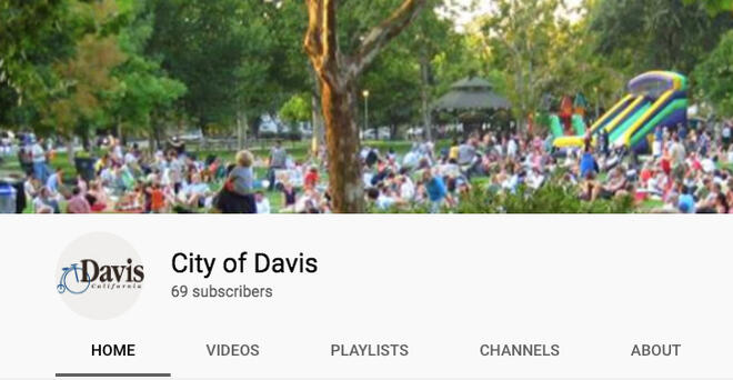 Screenshot of the City of Davis Youtube Channel homepage